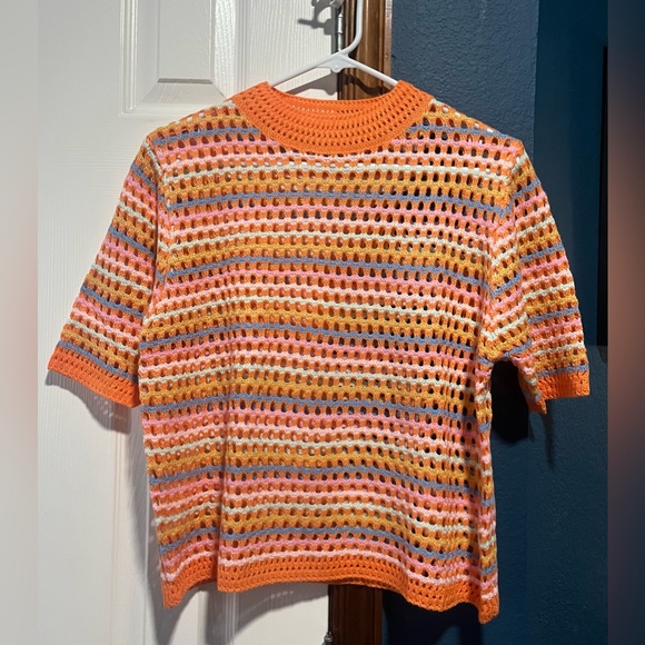 Orange and Pink Stripe Open Weave Short-Sleeve Crew Neck Top - Picture 4 of 5